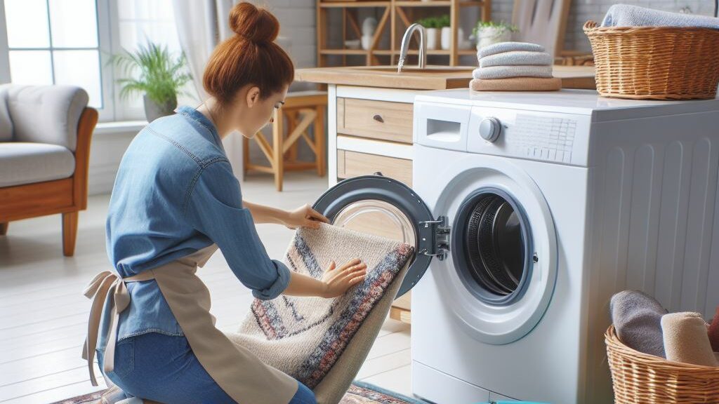 A woman washing a rug easily and without hassle