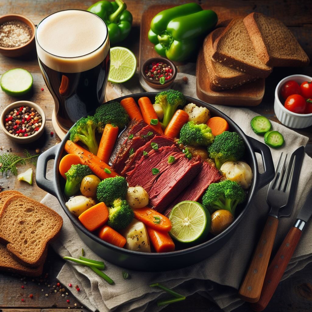 Stout Slow Cooker Corned Beef and Veggies dish