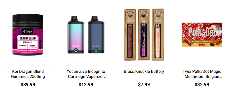 Olofly March Product Showcase including Koi Dragon Blend Gummies 2500mg $39.99, Yocan Ziva Incognito Cartridge Vaporizer $12.99, Brass Knuckle Battery $7.99, Twix PolkaDot Magic Mushrom Belgian Chocolate $32.99