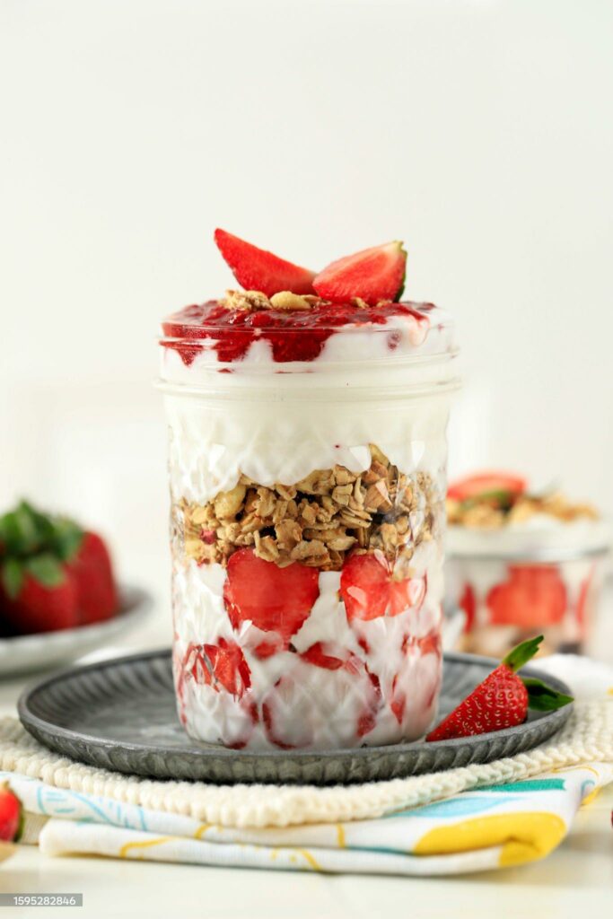 Strawberry Greek Yogurt Granola Parfait in a Drink Glass on White Table. Concept Diet Healthy Food