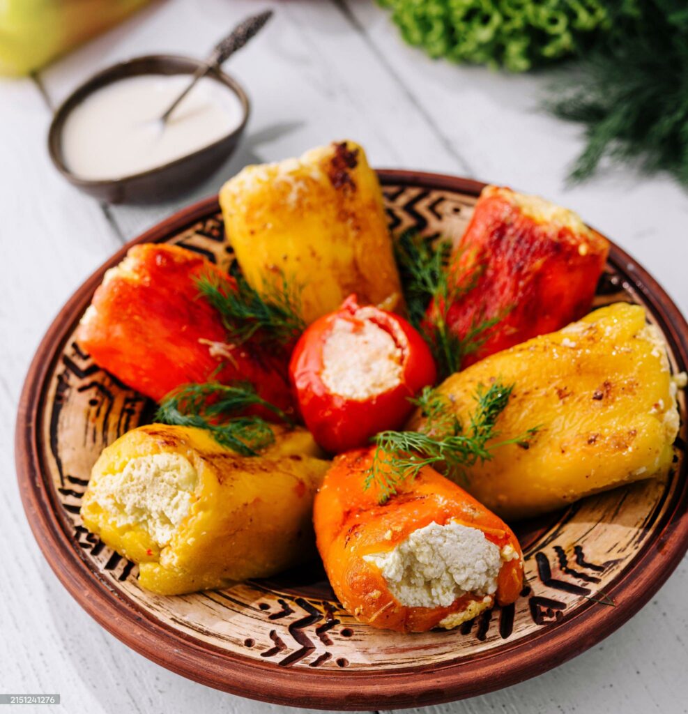 Colorful stuffed peppers in a clay dish, surrounded by fresh vegetables and sauce