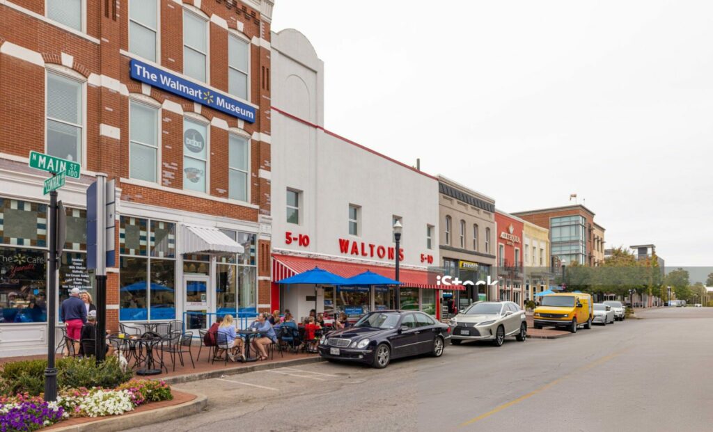 Bentonville, Arkansas, USA - October 16, 2022: The old business district on Main Street